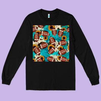 Football Turquoise Cowhide Sunflower Seamless Pattern Long Sleeve Tee Designed By Jahusdesignshop