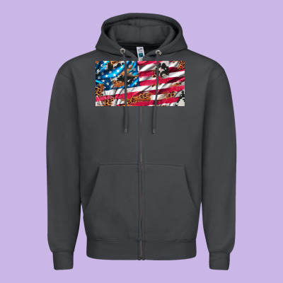 Usa Flag And Leopard With Wood License Plate Zipper Hoodie Designed By Artiststas