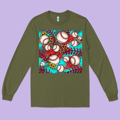 Baseball Leopard Turquoise Sunflower Seamless Pattern Long Sleeve Tee Designed By Jahusdesignshop