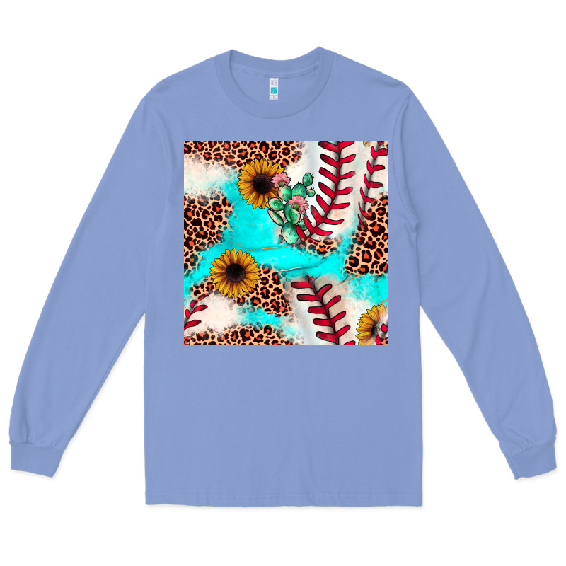 Baseball Leopard Turquoise Cactus Sunflower Seamless Pattern Long Sleeve Tee by JahusDesignShop | Teevron