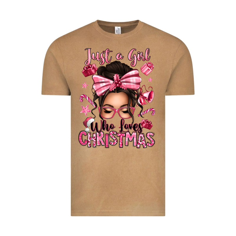 Just A Girl Who Loves Pink Christmas Messy Bun Vintage Tee by texasbilliewilder | Teevron