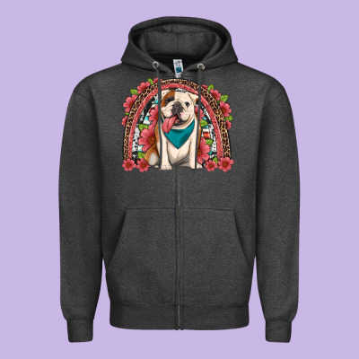 English Bulldog Floral Rainbow Zipper Hoodie Designed By Artiststas