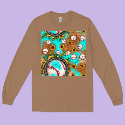 Baseball Turquoise Sunflower Seamless Pattern Long Sleeve Tee Designed By Jahusdesignshop