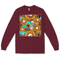 Burgundy baseball leopard turquoise sunflower seamless pattern Long Sleeve Tee - JahusDesignShop