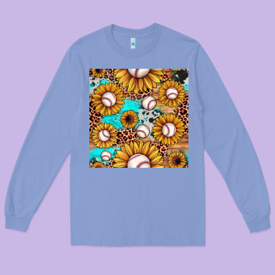 Baseball Leopard Turquoise Sunflower Seamless Pattern Long Sleeve Tee Designed By Jahusdesignshop