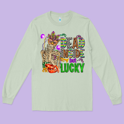Mardi Gras Dead Inside But Lucky  With Skeleton Long Sleeve Tee Designed By Adodesignshop