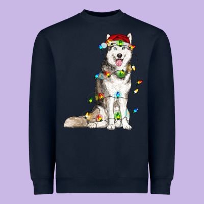 Husky With Christmas Lights Heavyweight Sweatshirt Designed By Ranaportraitstore