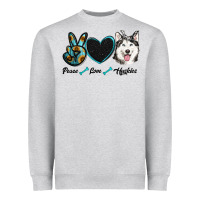 Heather Grey peace love huskies Heavyweight Sweatshirt - RanaPortraitStore