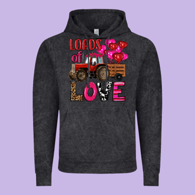 Vintage Hoodie valentine's day loads of love tractor with pin heart balloons