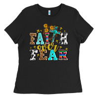 Black faith over fear with cross and sunflowers Ladies Tee - AdoDesignShop