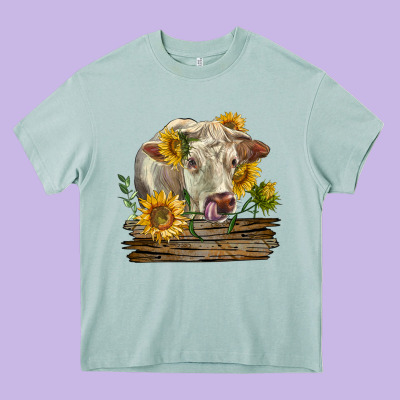Charolais Cow With Sunflowers Heavy Core Tee Designed By Lillyallendesigns