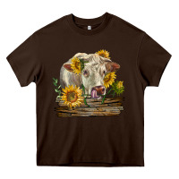 Chocolate Brown charolais cow with sunflowers Heavy Core Tee - LillyAllenDesigns