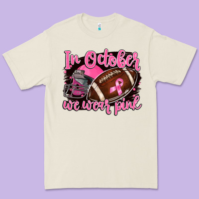 In October We Wear Pink With Football Premium Tee Designed By Barkaloodesign