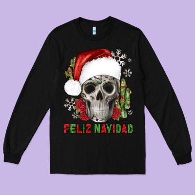 Feliz Navidad Skull Cactus Long Sleeve Tee Designed By Jahusdesignshop
