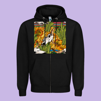 Western Bull Skull Seamless Pattern Zipper Hoodie Designed By Bundleandbundleshop