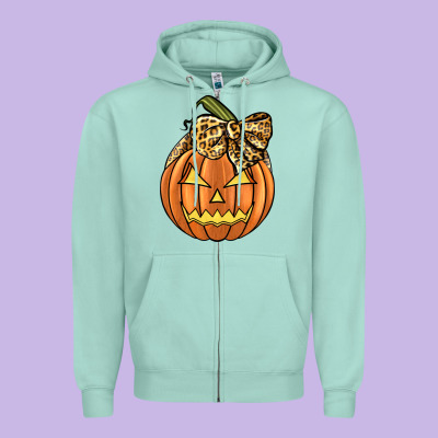 Leopard Ribbon Halloween Pumkin Zipper Hoodie Designed By Jahusdesignshop
