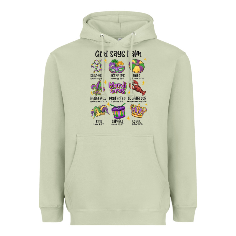 God Says I Am Mardi Gras Heavyweight Hoodie by MaliasSmallBusiness | Teevron