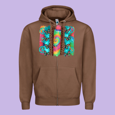 Hippie Peace Sign Butterfly Leopard And Tie Dye Brushstroke Zipper Hoodie Designed By Artiststas