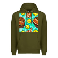Army Green softball glove and hotdog seamless pattern Premium Hoodie - BundleAndBundleShop