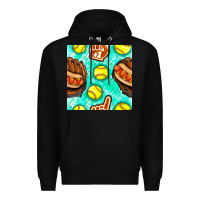 Black softball glove and hotdog seamless pattern Premium Hoodie - BundleAndBundleShop