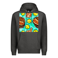 Charcoal Heather softball glove and hotdog seamless pattern Premium Hoodie - BundleAndBundleShop
