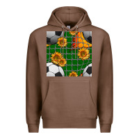 Chestnut soccer balls and sunflowers with goal nets seamless pattern Premium Hoodie - BundleAndBundleShop