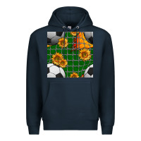 Navy soccer balls and sunflowers with goal nets seamless pattern Premium Hoodie - BundleAndBundleShop
