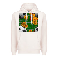 Pale Pink soccer balls and sunflowers with goal nets seamless pattern Premium Hoodie - BundleAndBundleShop