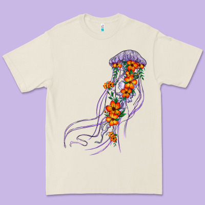 Light Purple Jellyfish And Floral Premium Tee Designed By Barkaloodesign