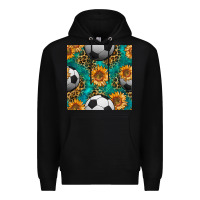 Black soccer balls and sunflowers with leopard and gemstone seamless pattern Premium Hoodie - BundleAndBundleShop