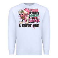 White torn between lookin' like a snack and eatin' one Premium Sweatshirt - MaliasSmallBusiness
