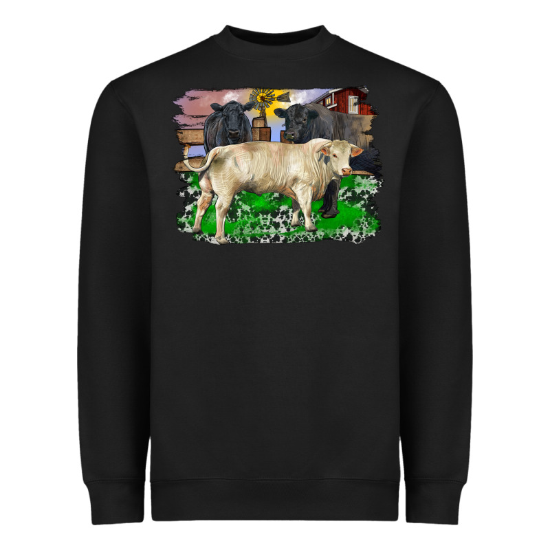 Charolais Bull Black Angus Cattle And Bull With Barnyard And Cowhide Heavyweight Sweatshirt by RanaPortraitStore | Teevron