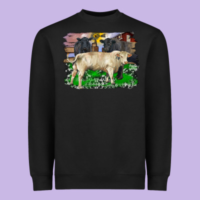 Charolais Bull Black Angus Cattle And Bull With Barnyard And Cowhide Heavyweight Sweatshirt Designed By Ranaportraitstore