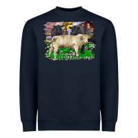 Navy charolais bull black angus cattle and bull with barnyard and cowhide Heavyweight Sweatshirt - RanaPortraitStore