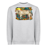Heather Grey western charolais bull and aztec sunflower background Heavyweight Sweatshirt - RanaPortraitStore