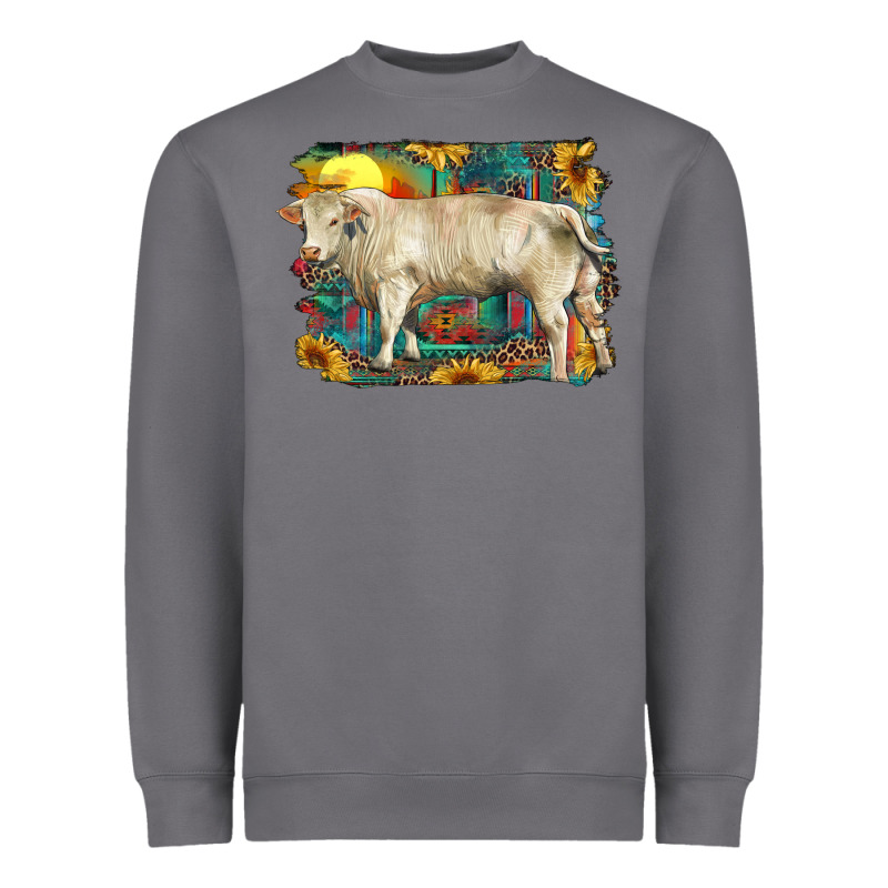Western Charolais Bull And Aztec Sunflower Background Heavyweight Sweatshirt by RanaPortraitStore | Teevron