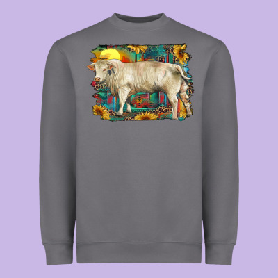 Western Charolais Bull And Aztec Sunflower Background Heavyweight Sweatshirt Designed By Ranaportraitstore