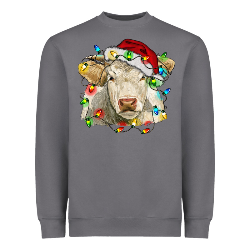 Charolais Cattle Cow With Christmas Lights And Hat Heavyweight Sweatshirt by RanaPortraitStore | Teevron