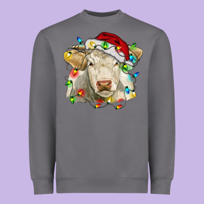Charolais Cattle Cow With Christmas Lights And Hat Heavyweight Sweatshirt Designed By Ranaportraitstore