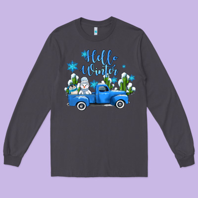 Hello Winter With Sniwman And  Truck Long Sleeve Tee Designed By Adodesignshop