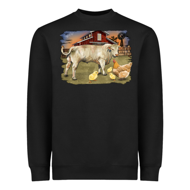 Charolaris Bull And Chicken In Barnyard Heavyweight Sweatshirt by RanaPortraitStore | Teevron