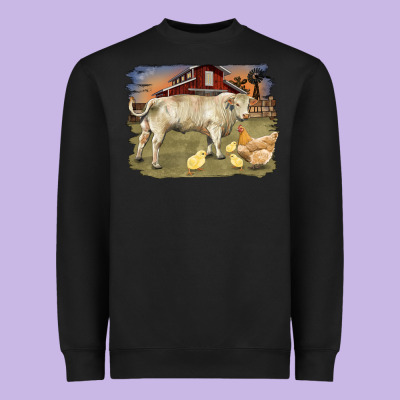 Charolaris Bull And Chicken In Barnyard Heavyweight Sweatshirt Designed By Ranaportraitstore