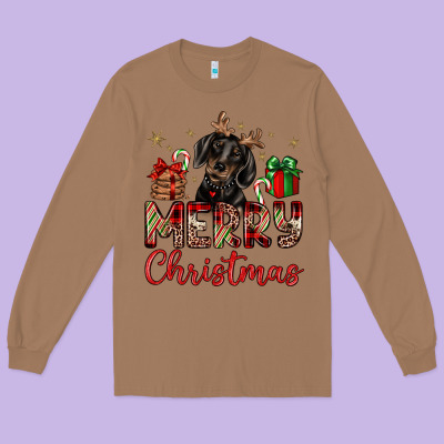Merry Christmas Dachshund Long Sleeve Tee Designed By Jahusdesignshop