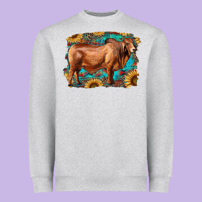 Brahman Bull With Aztec Sunflower And Leopard Background Heavyweight Sweatshirt Designed By Ranaportraitstore