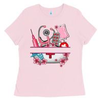 Bubblegum Pink custom name nurse hat and elements Ladies Tee - AdoDesignShop