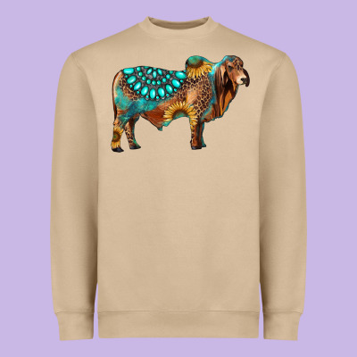 Brahman Bull Gemstone Turquoise And Sunflower Heavyweight Sweatshirt Designed By Ranaportraitstore