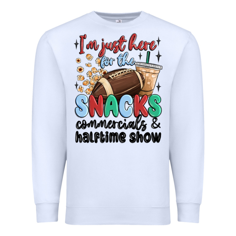 Im Just Here For The Snacks Commercials And  Halftime Show Premium Sweatshirt by MaliasSmallBusiness | Teevron