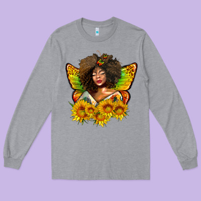 Butterfly Afro Woman Juneteenth Long Sleeve Tee Designed By Adodesignshop