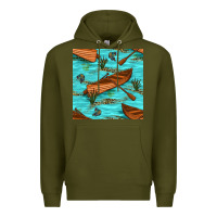 Army Green Lake Canoe And Fish With Reeds And Leopard Seamless Pattern Bbs Premium Hoodie - BundleAndBundleShop
