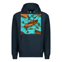 Navy Lake Canoe And Fish With Reeds And Leopard Seamless Pattern Bbs Premium Hoodie - BundleAndBundleShop
